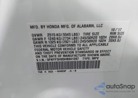 2017 Honda Pilot Touring z USA, uszkodzony, nr VIN 5FNYF5H95HB041397